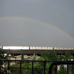 A rainbow over the F train.